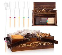 Portable Smores Kit 4 In 1 Smores Caddy Organizer with Handle 6 Pcs 32 Inch Marshmallow Roasting Sticks Dark Brown Smores Basket Tray with Handles Wooden Smores Maker Box with Lid for Camping Outdoor