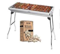 Portable stainless-steel charcoal BBQ grill with box 50 natural firelighters. Foldable, durable, and perfect for camping, gardens, festivals, picnics, and family outdoor cooking.