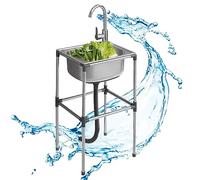 Portable Stainless Steel Kitchen Sink Single Bowl Commercial Handwash Station with Hot/Cold Faucet for Bar & Restaurant Mobile Free Standing Sink (37x31x70cm)