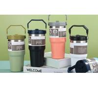 Portable Stainless Steel Mug with Hidden straw and Handle, White,Small