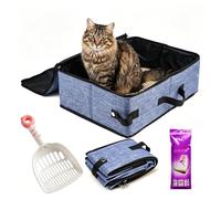 Portable Travel Cat Litter Tray with Lid, Zipped Foldable Leakproof Cat Litter Tray with Cats Litter Bags & Scoop, Waterproof Oxford Fabric Kitty Toilet for Car Outdoor Camping Travel-47x36x13cm, Blue