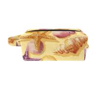 Portable Travel Cosmetic Bags, Brush Pouch with Carry Handle, Seamless Seashells and Starfish Yellow Background Tote Toiletry Bag Accessories Organizer for Women Girls