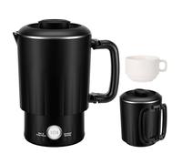 Portable Travel Electric Kettle, 600ML Small Water Kettle with Ceramic Cup, 304 Stainless Steel Water Boiler with Dual Power Control, Compact Design for Camping, RV, Business Trip & Hotel Stays, Black