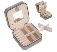 Portable Travel Jewellery Box with Mirror, Metal Zipper Closure, Removable Divider, Small Jewellery Box, Waterproof PU Leather Jewellery Case with Velvet Interior, For Rings Earrings Necklace, Grey