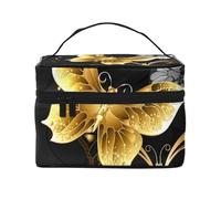 Portable Travel Makeup Case Black and White Gold Butterfly Print Versatile Zipper Makeup Bag Large Capacity Polyester Black One Size, Black/White, One Size
