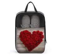 Portable Travel Shoe Bag,Red Heart-Shaped Roses Print Ventilation Shoes Bag,Shoe Packing Storage Organizer with Zipper Closure