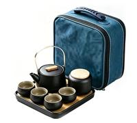 Portable Travel Tea Set, Black Matte Ceramic Teapot with Golden Handle, Include Storage Bag, Complete Chinese Gongfu Tea Kit for Office Camping Travel Gift
