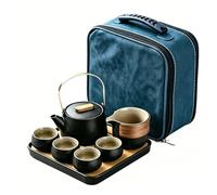 Portable Travel Tea Set, Black Matte Ceramic Teapot with Golden Handle, Include Storage Bag, Complete Chinese Gongfu Tea Kit for Office Camping Travel Gift