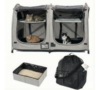 Portable Twin Compartment Show House Cat Cage Condo,Comfy Puppy Home Dog Travel Crate with Carry Bag,2 Hammocks and Mats & Collapsible Litter Box and Water Bottle