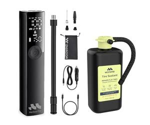 Portable Tyre Inflator & Sealant Combo by Woowind - 150 PSI Fast Air Compressor + Emergency Flat Repair for Car, SUV, Bike. Cordless & 12V Power, Auto Shut-Off, LED Light (Ventus pro + Tyre sealant)