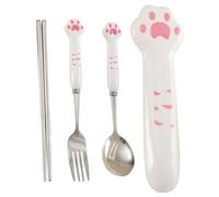 Portable Utensils Set with Case, Reusable Stainless Steel Travel Cutlery Set with Chopsticks, Spoon and Fork, Ceramic Cat Paw Handle for School, Office, Picnic