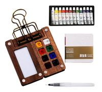 Portable Watercolor Palette 8 Grids Wooden Travel Paint Palette Set Pocket Artist Watercolour Travel Set, Mini Paint Palette with Sketchbook Metal Clip Watercolor Pen Gift for Painters and Artists
