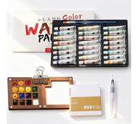 Portable Watercolour Paint Set, 24 Colour Mini Paint Set - Mini Walnut Wood Palette, Sketchbook & Brush, Compact Travel Mi-ni Painting Kit With Metal Clip For Urban Sketching & Plein Air Painting