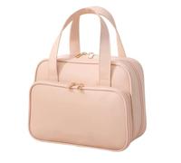 Portable Waterproof Leather Toiletry Bag, Travel Organizer Bag for Women, 180° Open Large Spacious Holds 50% More Cosmetics, Partitioned Storage, Enjoy the Journey(Pink)