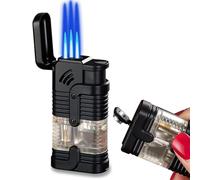 Portable windproof triple flame torch lighter, rechargeable butane with visible fuel window, flame adjustment multi-function lighter for camping and hiking(Black)
