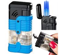 Portable windproof triple flame torch lighter, rechargeable butane with visible fuel window, flame adjustment multi-function lighter for camping and hiking(Blue)