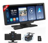 Portable Wireless Carplay Screen with Dashcam - Lehwey 10.26 Inch Car Play Tablet with 4K Front Dash Cam & 1080P Rearview Backup Camera, Bluetooth 5.0, FM, Voice Assistant, with 64GB TF Card