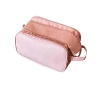 Portable Women's Makeup Bag Solid Color Double Zipper Handheld Storage Bag PU Leather Toiletries Storage Pouch(Pink)