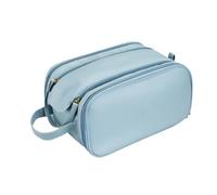 Portable Women's Makeup Bag Solid Color Double Zipper Travel Cosmetic Organizer PU Leather Toiletries Storage Pouch(Blue)