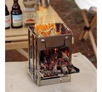 Portable Wood Burning Camp Stove with Grill - Folding, Backpacking, Box Stove with Fire Blowing Stick and Carrying Bag