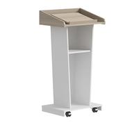 Portable Wooden Podium on Wheels - 2-Tier Lectern for Public Speaking, Schools, Churches & Offices - Slanted Top Shelf, Easy-Move Host Stand, Rustic Log Finish