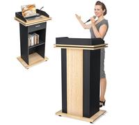 Portable Wooden Podium, Wooden Lectern Podium Stand, Reserved Wire Hole, Lockable Wheels, Design with Storage, Standing Wooden Pulpit for Church Office School Home Conference