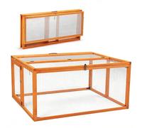 Portable Wooden Rabbit Hutch, 110 x 94 x 54 cm Folding Rabbit Run Hutch, 2-Openable Doors, Chicken Coop Brooder with Openable Roof, Play Space for Indoor Outdoor, Includes 4X Garden Stakes (Orange)