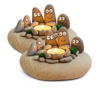 Portavelas para velas de té "La familia de los guijarros junto a la hoguera" | Centro de mesa acogedor de imitación piedra | Portavelas rústico | Adorno decorativo con forma de hoguera (2pcs)