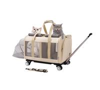 Porte-Chats pour Deux Chats Ensemble Sac à Dos de Transport pour Chiens à roulettes Extensible Sac de Transport pour Chat avec poignée télescopique, Rangement (Color : Beige)