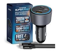 PORTENTUM Car Charger Adapter 200W - Free USB-C Cable - Triple and simulateous - 2x USBC PD 100W + USBA QC 18W - Cigarette Lighter USB Charging for iPhone iPad MacBook Android Tablet