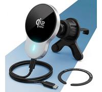 PORTENTUM Car phone holder wireless charger Qi2.2 25W certified in 2026 - Active cooling - Powerful N52 magnets - Magnetic phone holder with USB-C 60W cable - Compatible with MagSafe, iPhone and Qi