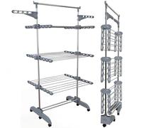 PORTENTUM Clothes airer drying rack - 5-Tier foldable to 14 cm with 58 hanger hooks - Up to 40 kg - horse-style dryer with 24 stainless-steel bars - Indoor and outdoor use - Swivel wheels with brake
