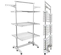 PORTENTUM Clothes Airer Drying Rack - 5-Tier Foldable with 58 Hanger Hooks - Up to 40 kg, Stainless Steel, White, Large