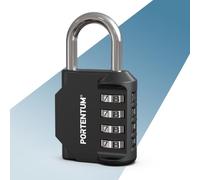 PORTENTUM Combination Padlock 4 Digit resettable - Padlocks with Code for Gym lockers cabinets Gates and Sheds - Outdoor Padlock Weatherproof Black with zinc Alloy Body and Steel Shackle