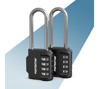 PORTENTUM Combination padlock long shackle 4 digit - Pack of 2 - Padlocks with code for gym lockers cabinets gates and sheds - Outdoor padlock weatherproof black with zinc alloy body and steel shackle