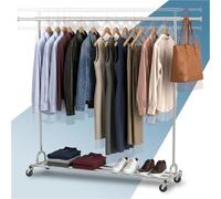 PORTENTUM Heavy duty clothes rail height adjustable with wheels and brakes - Height adjustable between 149 and 174 cm - Up to 130 kg load capacity - Clothing rack steel frame 45 x (160-200) cm width