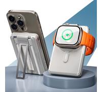 PORTENTUM MagSafe compatible power bank fast charging 5-in-1 foldable stand - 10000 mAh integrated Lightning + USB-C cables - Portable charger 20W PD/QC wireless Qi 15W - Apple Watch compatible