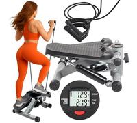 PORTENTUM Mini steppers for exercise workout with resistance bands and LCD display 5 functions - Stepper 3-in-1 for legs, glutes and arms - Adjustable intensity - Easy to store home workout equipment