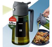 PORTENTUM Olive oil spray bottle for cooking 16oz/470ml 2 in 1 spray and pour function - Anti drip green glass bottle dispenser with light protection - Multilingual labels - Air fryer salads grilling