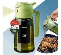 PORTENTUM Olive oil spray bottle for cooking 16oz/470ml 2 in 1 spray and pour function - Anti drip green glass bottle dispenser with light protection - Multilingual labels - Air fryer salads grilling