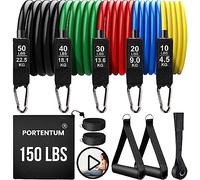 PORTENTUM Resistance Bands Weight Building Kit 150 lbs 12 Elastic Bands for Yoga Calisthenics Gym Crossfit TRX Pilates Home Gym - Elastic Muscle Bands with Anklets and Door Grip