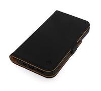 PORTER RILEY - Leather Case Compatible with iPhone 14. Premium Nubuck Genuine Leather Stand/Cover/Wallet/Flip Case with Card Slots & Horizontal Stand (Black, Tan)