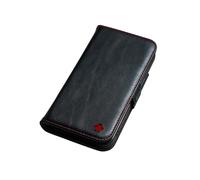 PORTER RILEY - Leather Case Compatible with iPhone 16 Pro Max. Premium Genuine Leather Stand/Cover/Wallet/Flip Case with Card Slots & Horizontal Stand (Black/Red)