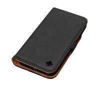 PORTER RILEY - Leather Case Compatible with iPhone 16 Pro Max. Premium Genuine Leather Stand/Cover/Wallet/Flip Case with Card Slots & Horizontal Stand (Black/Tan)