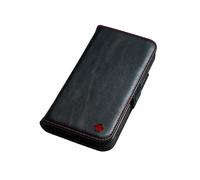 PORTER RILEY - Leather Case Compatible with iPhone 17. Premium Genuine Leather Stand/Cover/Wallet/Flip Case with Card Slots & Horizontal Stand (Black & Red)