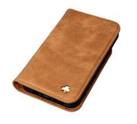 PORTER RILEY - Leather Case for iPhone 14 Plus. Premium Genuine Leather Stand/Cover/Wallet/Flip Case with [Card Slots] [Horizontal Stand] [Durable Frame] (Tan)