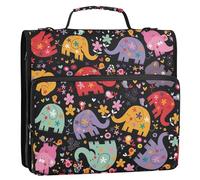 Portfolio & Case 3 Ring Binders, Zipper Shoulder Padfolios Bag Organizer 500 Sheets for Office Print Colorful Elephants with Flowers On Black