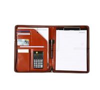 Portfolio Folder Business Multifunctional Folders Organizer Conference Contract Holder Zippered Leather File Folder Stationery Document Card(Brown)