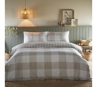 Portfolio Home Glenmore Check Natural King 100% Brushed Cotton Striped Reversible Duvet Cover Quilt Bedding Set With Pillow Cases