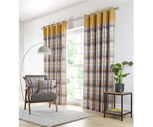 Portfolio Home Orleans Tartan Check Modern Ochre 66x72 Eyelet Ring Top Curtain Pair, Fabric, Polyester, Cotton